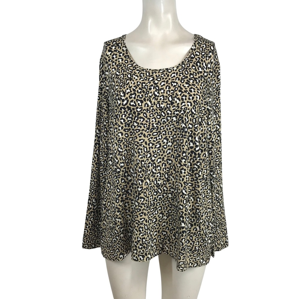 Chicos Leopard Print Scoop Neck Long Sleeve Top Tan Black White Size 2 Large